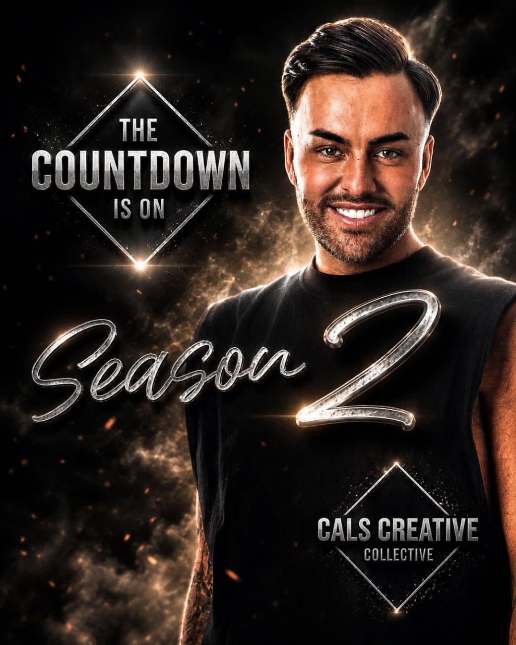 Cals Creative Collective 'The Countdown Is On: Season 2' announcement featuring founder Cal against a dark fiery background.