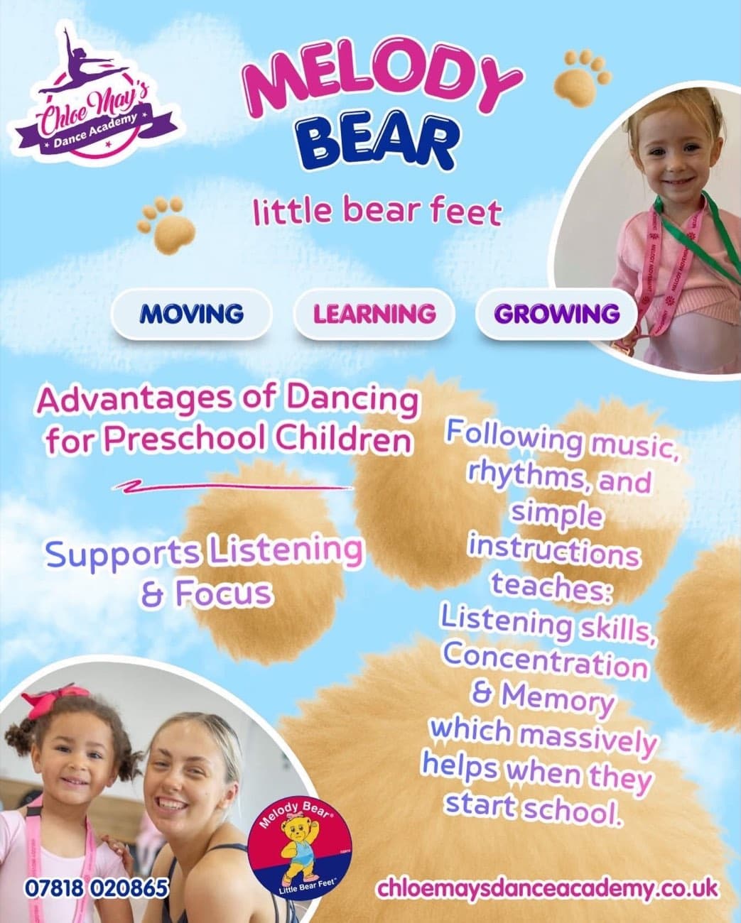 Chloe May's Dance Academy 'Melody Bear' preschool dance post on a cloudy sky background with smiling young children.