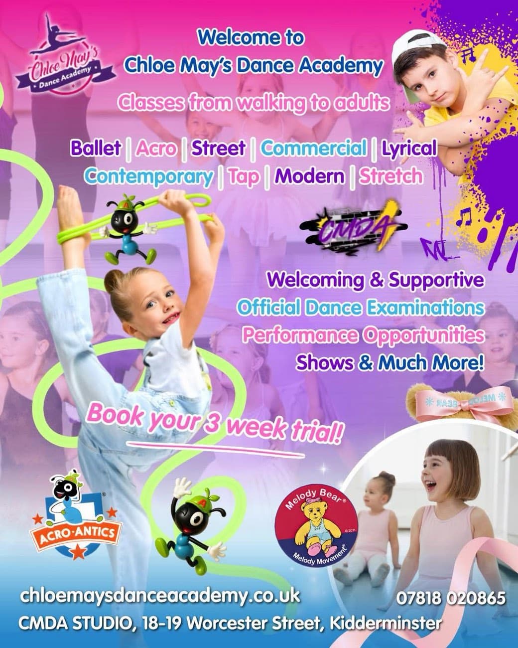 Chloe May's Dance Academy welcome post listing class styles and a free 3-week trial, with young dancers on a purple background.