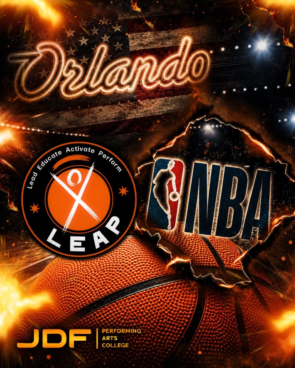 JDF Performing Arts College LEAP Orlando NBA trip promo with neon 'Orlando' type, the NBA logo and a basketball on a fiery background.