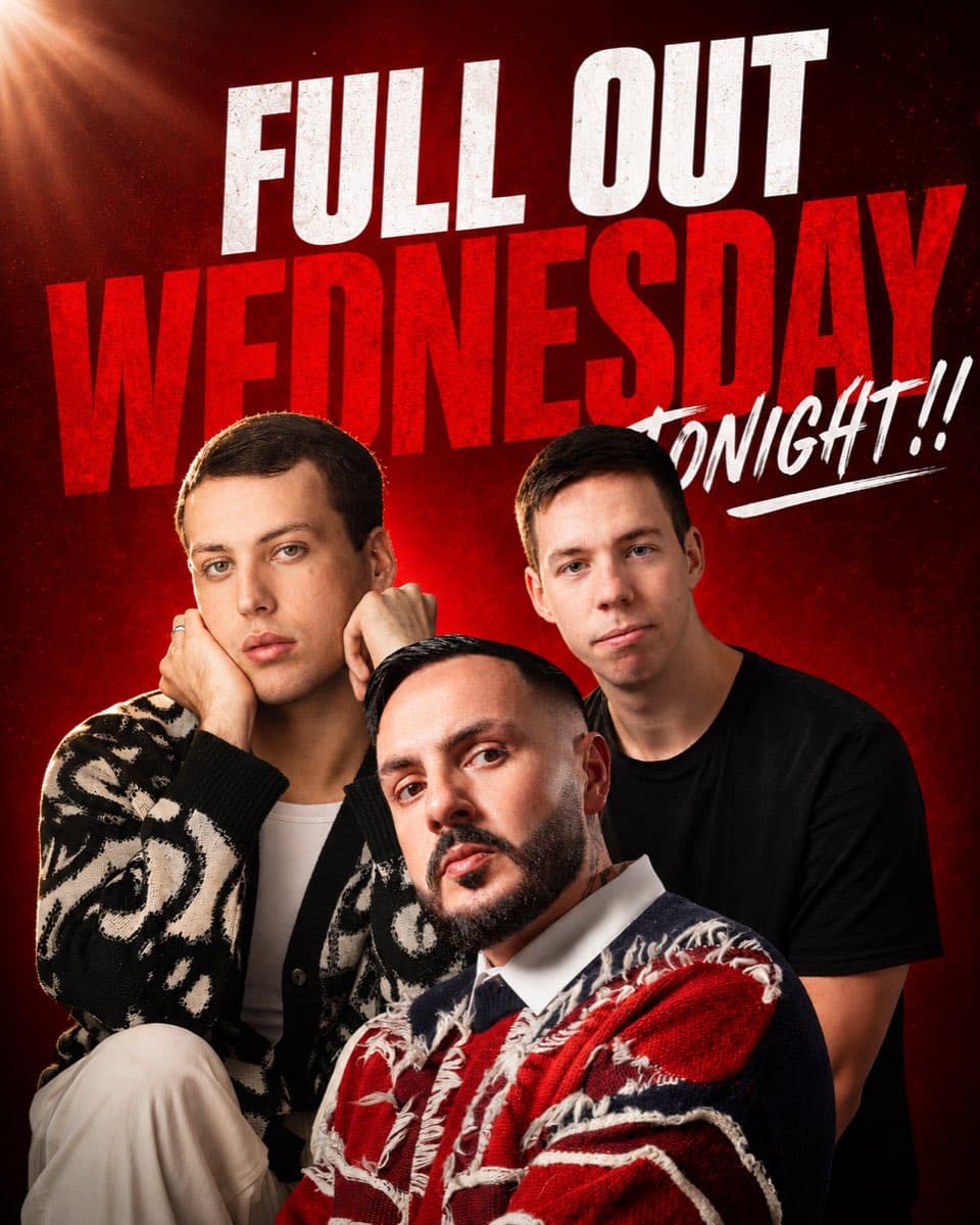 Jelli Studios 'Full Out Wednesday Tonight' poster with three male dancers posed against a bold red background.