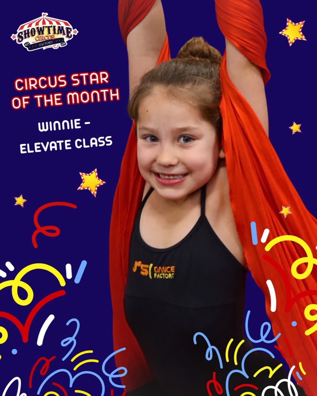 Showtime Circus Factory 'Circus Star of the Month: Winnie' post featuring a young aerialist on red silks against a navy background.