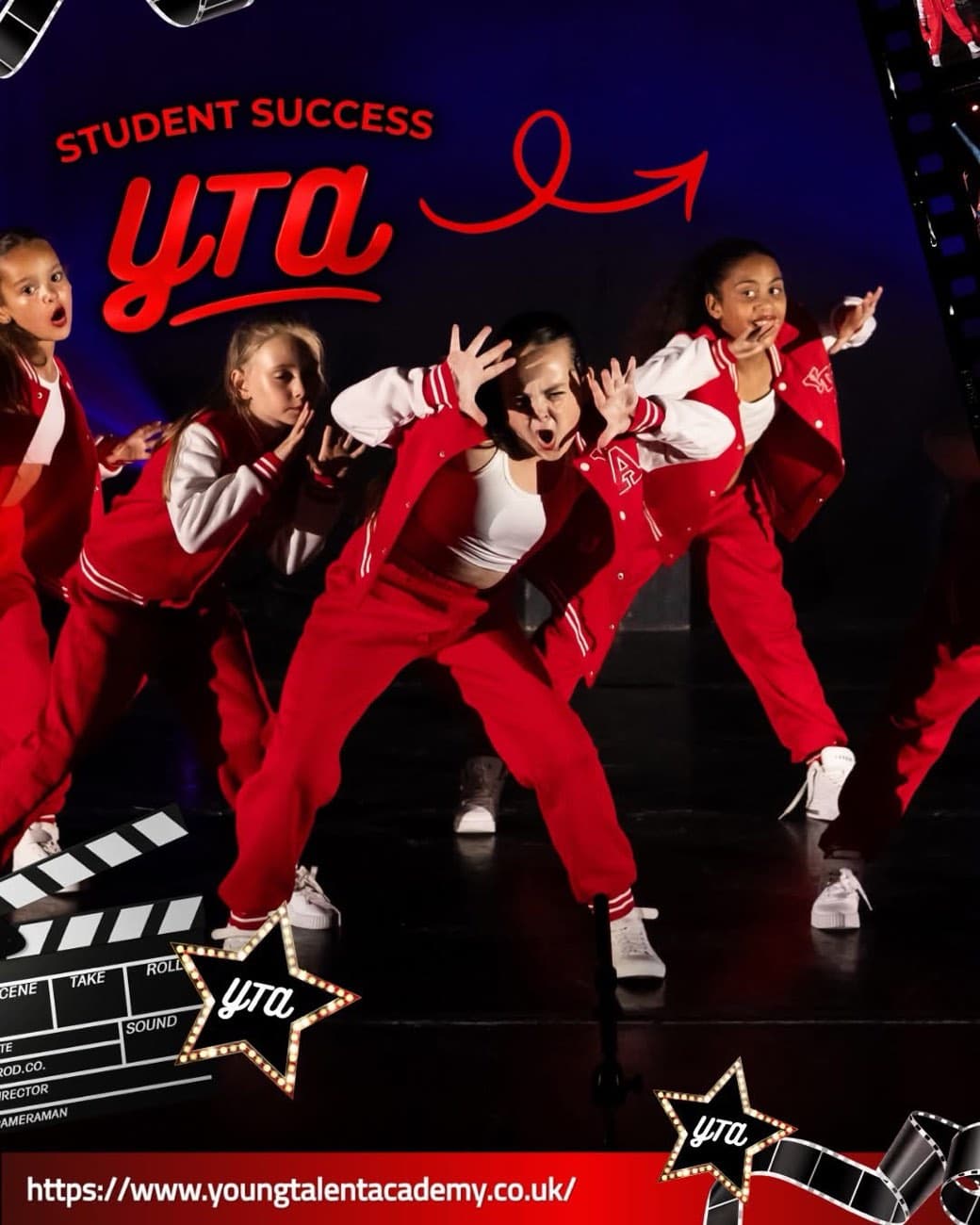 Young Talent Academy 'Student Success' performance shot of dancers in red varsity jackets mid-routine on a dark stage.